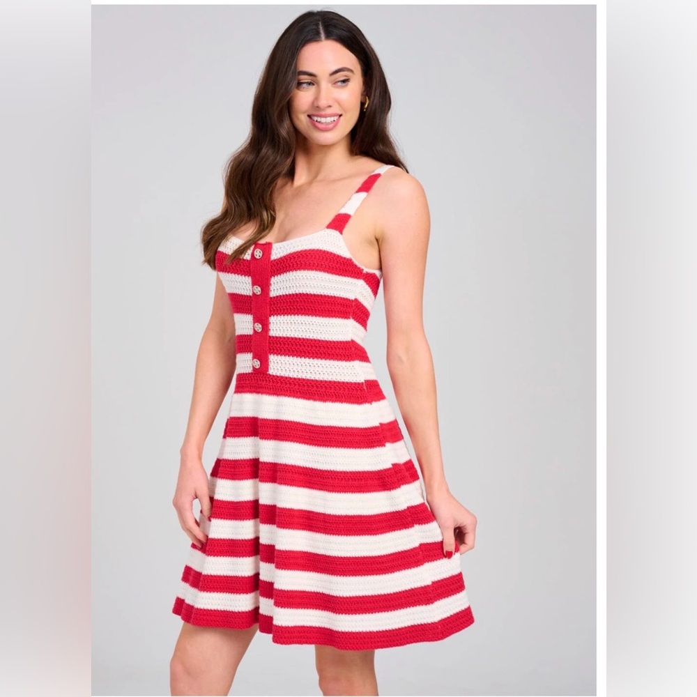 Striped Red and White Midi Knit Dress with Button Front